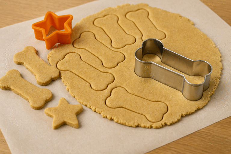 grain-free dog treat dough being cut into shapes
