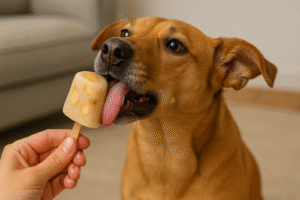 dog licking frozen peanut butter and yogurt treat