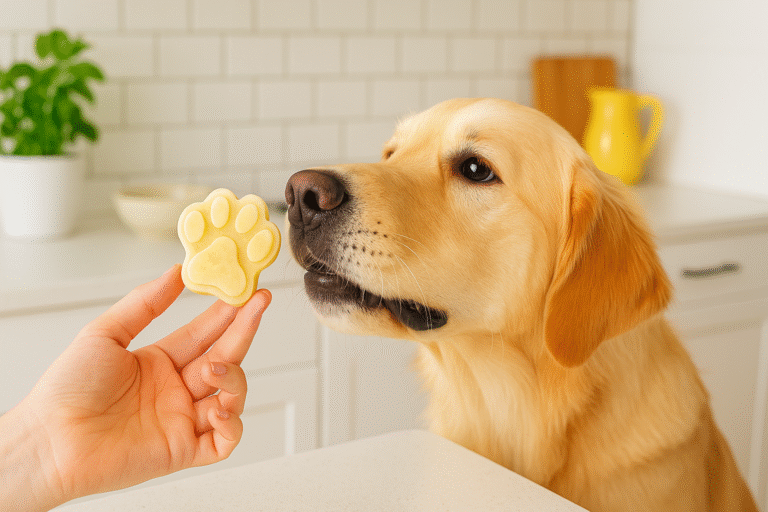 dog reaching for homemade frozen banana dog treat