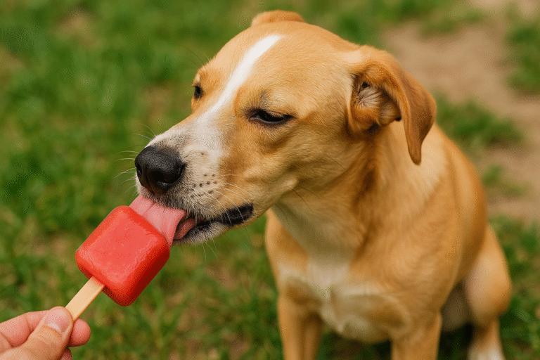 dog eating frozen watermelon dog treat outdoors