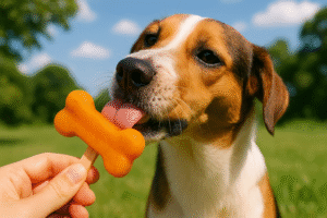 dog licking frozen pumpkin pupsicle outdoors