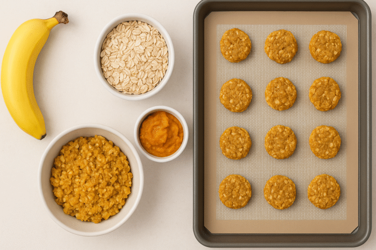 flat lay of simple three-ingredient dog treat ingredients and finished treats