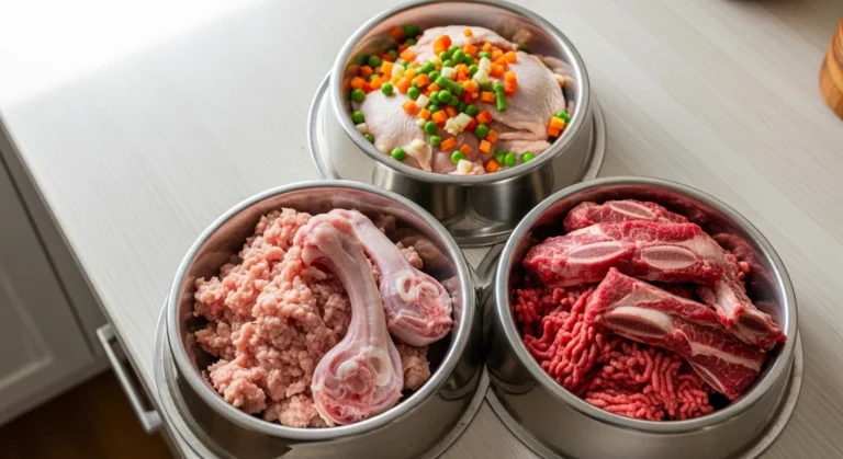Homemade raw dog food recipes with turkey, chicken, and beef in metal bowls