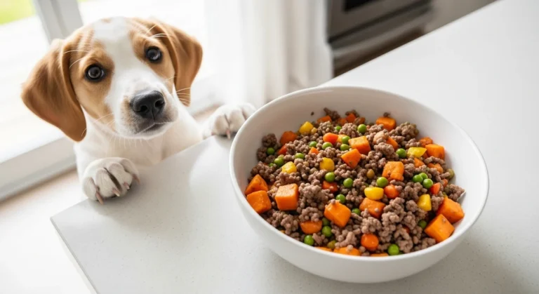Homemade dog food for puppies with beef and vegetables