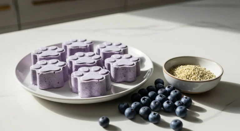 Homemade calming dog treats made with pumpkin, chamomile, and blueberries