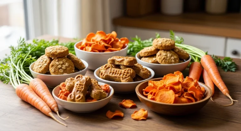 Assorted homemade carrot dog treats made with oats, peanut butter, and fresh carrots
