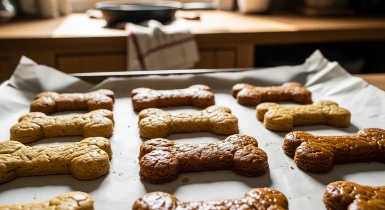 Homemade peanut butter honey dog treats baked and shaped like bones