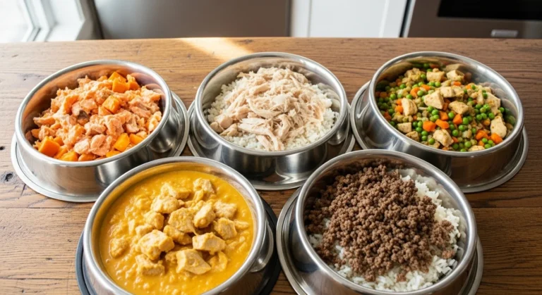 Five healthy homemade dog food recipes served in stainless steel bowls