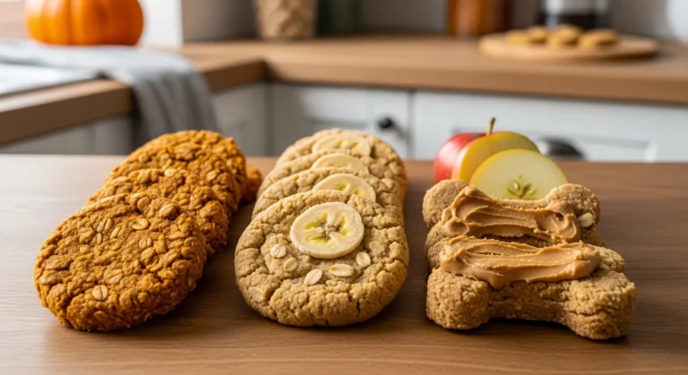 Assorted homemade oatmeal dog treats made with pumpkin, banana, peanut butter, and apple