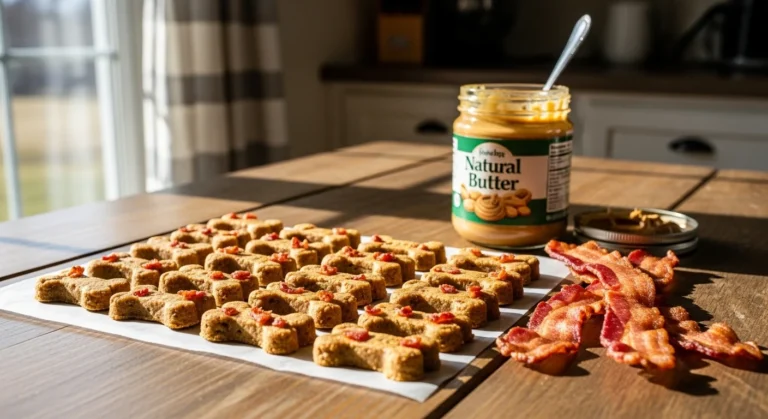 Homemade peanut butter bacon dog treats baked until golden and crunchy