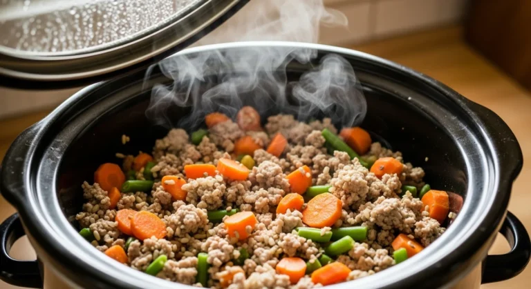 Crockpot ground turkey dog food with rice and vegetables slow cooking