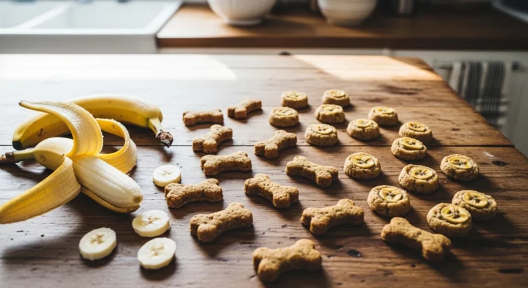 Homemade banana dog treats made with ripe bananas and oat flour