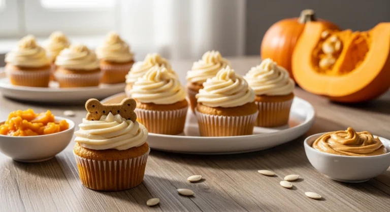 Homemade pumpkin dog cupcakes with peanut butter yogurt frosting and dog biscuit topping