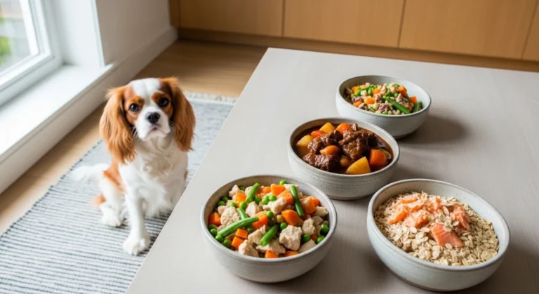 Homemade dog food recipes for small dogs with chicken, beef, and salmon in small portion bowls