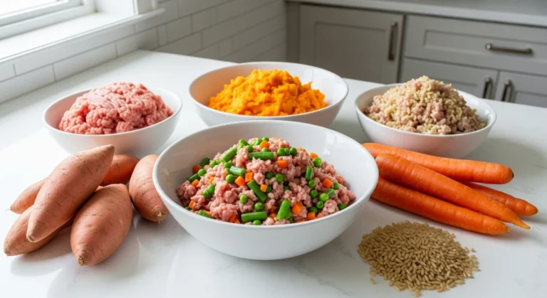 Homemade turkey dog food recipes with vegetables, sweet potato and rice in bowls