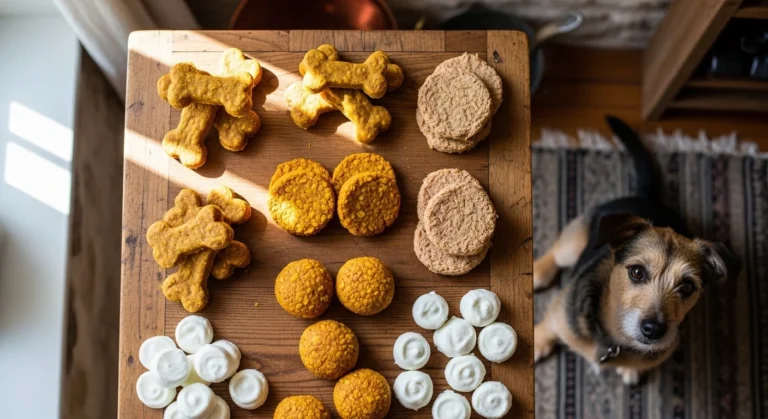 Homemade dog treats without flour including sweet potato chews, pumpkin oat balls, and frozen peanut butter yogurt drops