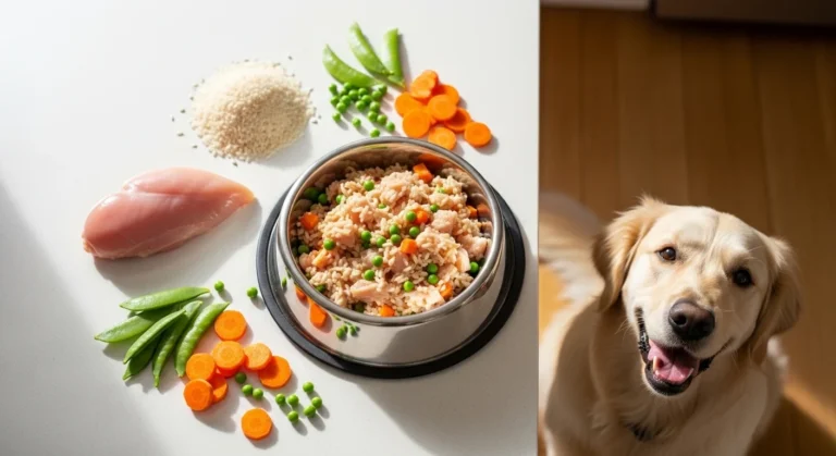 Homemade chicken and rice dog food recipe with carrots and peas in a bowl
