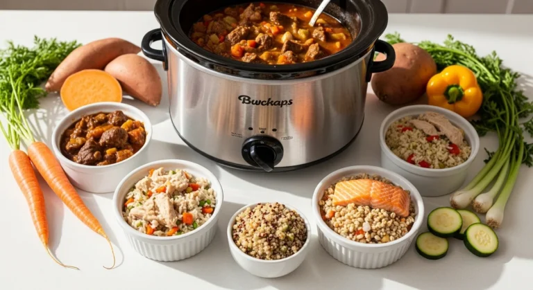 Crockpot dog food recipes made with beef, chicken, turkey and salmon in a slow cooker