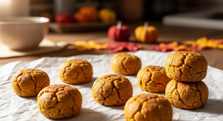 Homemade pumpkin sweet potato dog treat bites on parchment paper
