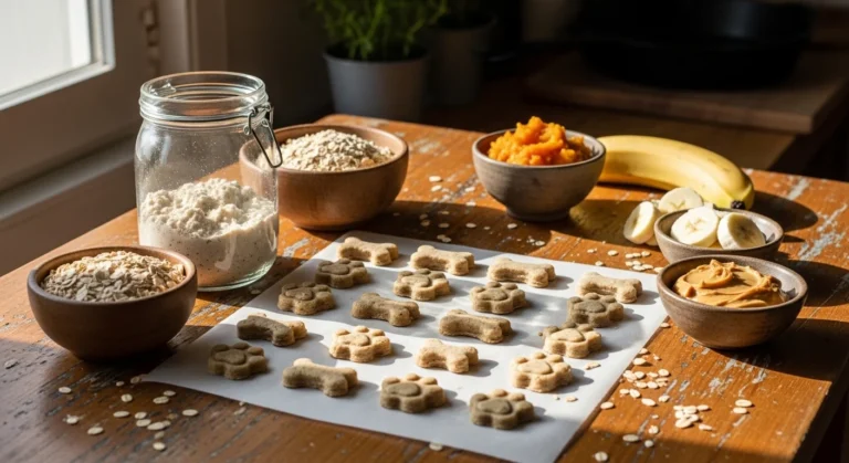 Homemade sourdough dog treats made with pumpkin, oats and peanut butter on parchment paper