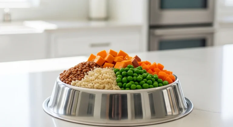 Homemade vegan dog food with lentils quinoa and vegetables in dog bowl