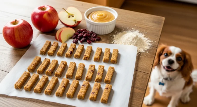 Homemade apple cranberry dog dental sticks on parchment paper with fresh apples and cranberries