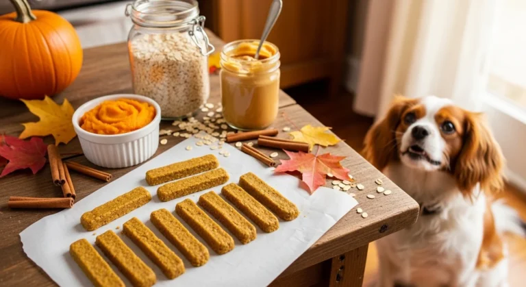 Homemade pumpkin oatmeal dog snack sticks on parchment paper with fresh pumpkin and oats