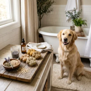 Homemade natural dog shampoo bars beside a clean golden retriever