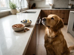 Dog beside whole almonds and safer dog-friendly treats
