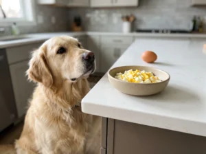 Dog beside a plain cooked egg with a raw egg shown separately