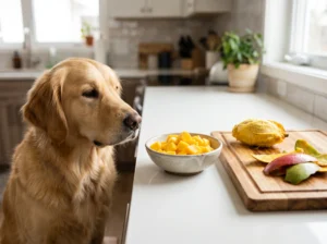 Dog beside peeled mango pieces with the mango pit removed