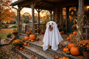 Golden retriever wearing a DIY ghost costume for Halloween