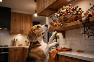 Halloween candy bowl kept away from a curious dog