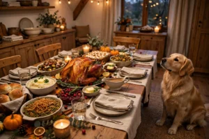 Thanksgiving dinner table with a dog waiting for safe scraps