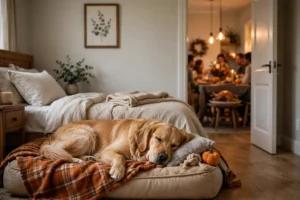 Dog resting calmly in a quiet room during Thanksgiving gathering