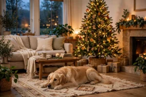 Dog resting safely away from the Christmas tree