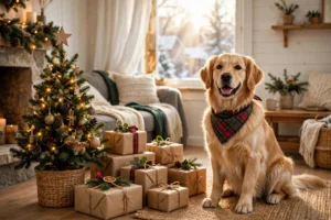 Curated christmas gifts for dog lovers arranged on a wooden table beside a small Christmas tree