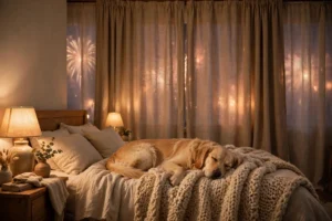 Dog resting calmly in a cozy safe room during New Year's Eve fireworks