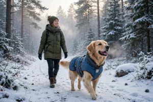 Dog in a coat on a snowy walk, essential winter dog care