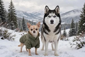 Small dog in a winter coat next to a husky in snow, answering do dogs need coats in winter