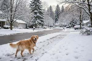 Dog walking on a snowy sidewalk in winter