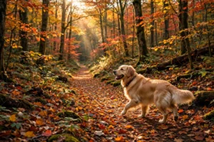 Golden retriever walking on a leaf-covered autumn trail