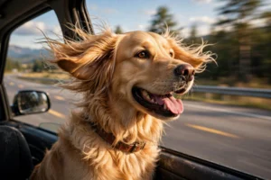 Golden retriever with head out of car window on a holiday road trip