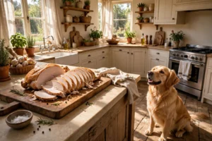 Sliced plain turkey breast safe for dogs on a wooden cutting board