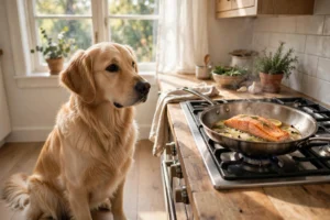 Dog watching salmon cooking in a pan — can dogs eat salmon safely when cooked
