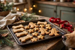 Homemade Christmas dog treats arranged on a festive baking tray