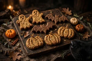 Homemade Halloween dog treats shaped like ghosts bats and pumpkins