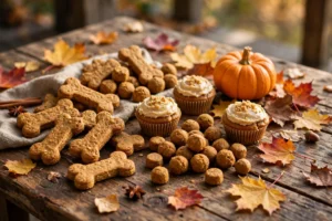 Assorted homemade pumpkin spice dog treats on a rustic wooden table with fall leaves