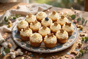 Mini dog birthday cupcakes with cream cheese frosting and a blueberry on top