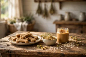 Homemade calming dog treats with chamomile and peanut butter on a rustic table